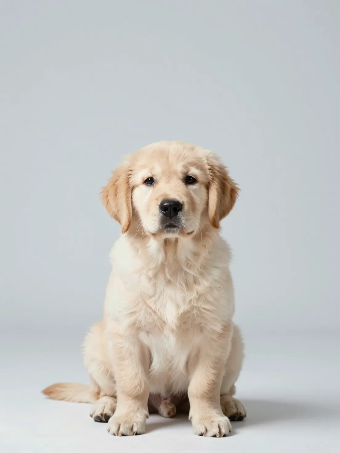 A golden retriever puppy sitting calmly, ready to travel.